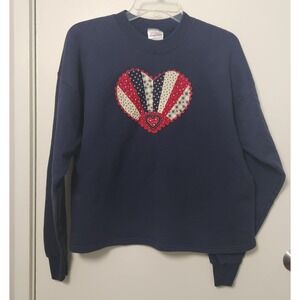 Vtg Hanes Womens Farmhouse Quilt Heart Patch Sweatshirt Blue‎ Cottagecore Large